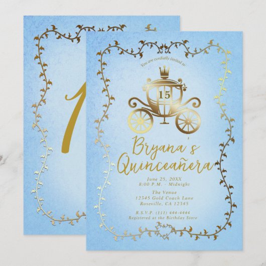 Elegant Gouden Koets Blauw Storybook Quinceañera Kaart (Voorkant / Achterkant)