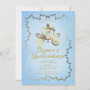 Elegant Gouden Koets Blauw Storybook Quinceañera Kaart