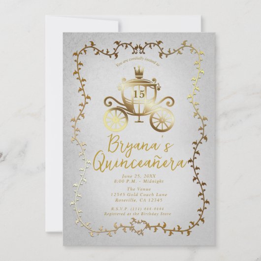 Elegant Gouden Koets Blauw Storybook Quinceañera Kaart (Voorkant)