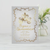 Elegant Gouden Koets Blauw Storybook Quinceañera Kaart (Staand voorkant)