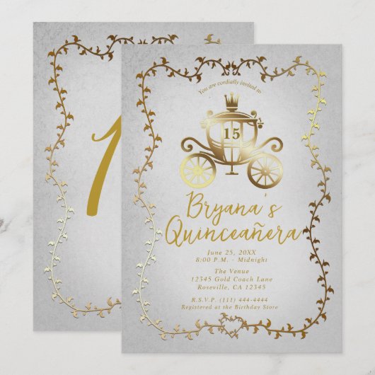 Elegant Gouden Koets Blauw Storybook Quinceañera Kaart (Voorkant / Achterkant)