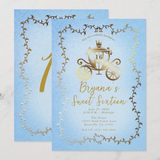 Elegant Gouden Koets Blauw Storybook Sweet 16 Kaart (Voorkant / Achterkant)