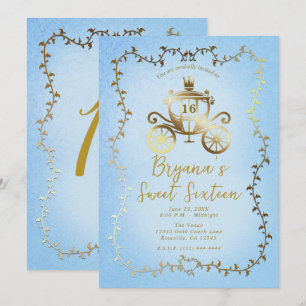 Elegant Gouden Koets Blauw Storybook Sweet 16 Kaart
