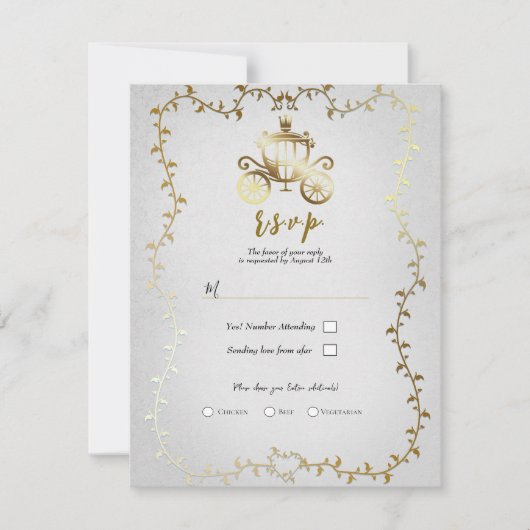 Elegant Gouden Koets Wit Storybook Bruiloft RSVP Kaart (Voorkant)
