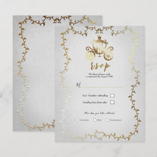 Elegant Gouden Koets Wit Storybook Bruiloft RSVP Kaart (Voorkant / Achterkant)