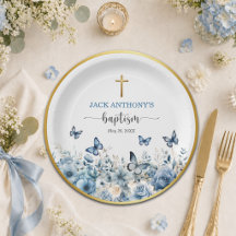 Elegant Gouden Kruis Blauwe Bloem Doop 