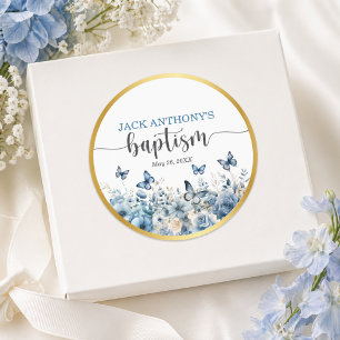 Elegant Gouden Kruis Blauwe Bloem Doop Ronde Sticker
