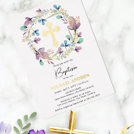 Elegant Gouden Kruis Doop Bloemen Folie Uitnodiging