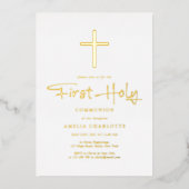 Elegant Gouden Kruis Eerste Communie goud Folie Uitnodiging (Voorkant)