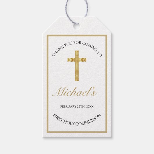 Elegant Gouden Kruis Eerste Heilige Communie Wit Cadeaulabel (Voorkant)