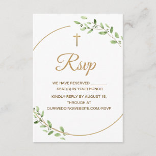 Elegant Gouden Kruis Groene Elementen Christelijke RSVP Kaartje