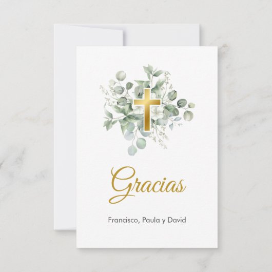 Elegant Gouden Kruis met Waterverf Groene Bladeren Bedankkaart (Achterkant)