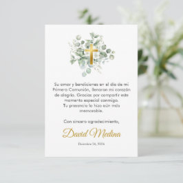 Elegant Gouden Kruis met Waterverf Groene Bladeren Bedankkaart