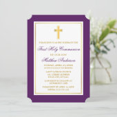 Elegant gouden kruis Paarse eerste communie Kaart (Staand voorkant)