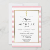 Elegant Gouden Kruis Roze Streep Doop Christening Kaart (Voorkant)