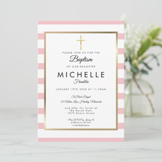 Elegant Gouden Kruis Roze Streep Doop Christening Kaart (Staand voorkant)