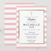 Elegant Gouden Kruis Roze Streep Doop Christening Kaart (Voorkant / Achterkant)