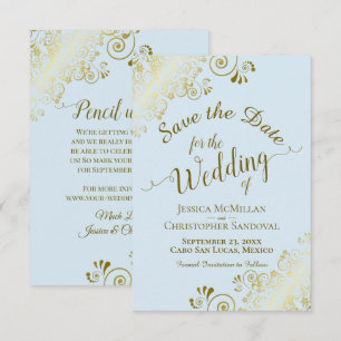 Elegant Gouden Krulfiligraan op Poederblauw Bruids Save The Date
