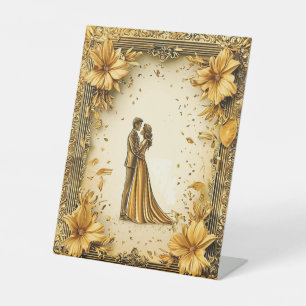 Elegant gouden kunstwerk van romantisch bruidspaar reclamebord met voetstuk