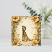 Elegant gouden kunstwerk van romantisch bruidspaar save the date (Staand voorkant)