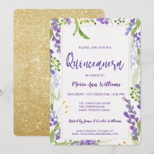 Elegant Gouden Lavendel Bloem Glitter Quinceanera Kaart