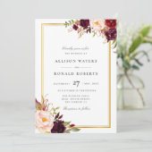 Elegant gouden lijst bordeaux bloemenbruiloft kaart (Staand voorkant)