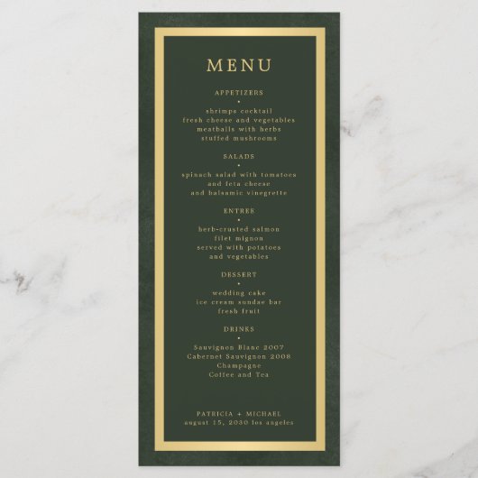 Elegant gouden lijst donkergroen modern bruiloft menu (Voorkant)