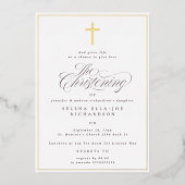 Elegant gouden Lijst & kruiskalligrafie doop Folie Uitnodiging (Voorkant)