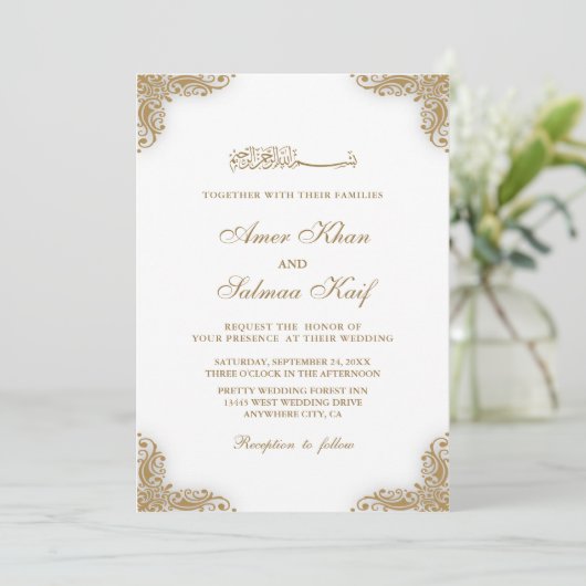 Elegant gouden lijst moslim bruiloft Uitnodigingen (Staand voorkant)