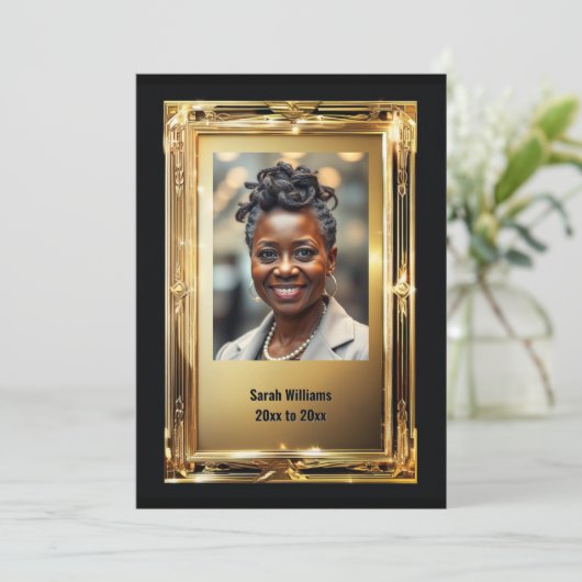 Elegant gouden lijst pensioenfoto afscheidsfeest kaart (Staand voorkant)