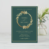 Elegant Gouden Loof Emeraldgroene Bruiloft Kaart (Staand voorkant)