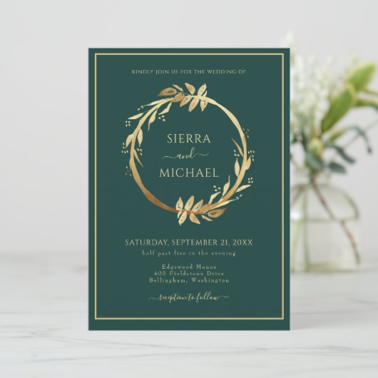 Elegant Gouden Loof Emeraldgroene Bruiloft Kaart (Staand voorkant)