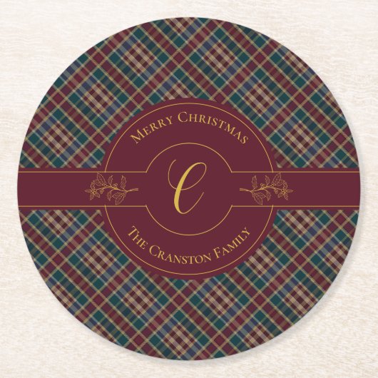 Elegant gouden monogram afgespeeld kerstvakantie ronde kartonnen onderzetter