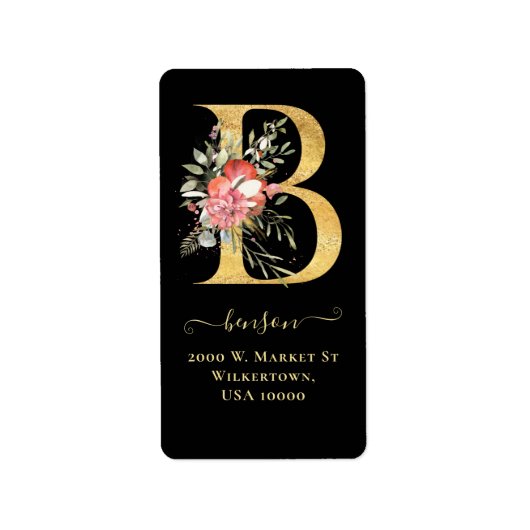Elegant Gouden Monogram B Bloem Adres Etiket (Voorkant)