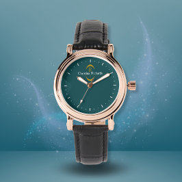 Elegant gouden monogram Blauwgroen Modern Horloge