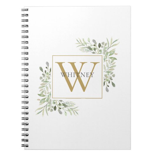 Elegant Gouden Monogram Groene Bladeren Notitieboek (Voorkant)