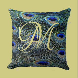 Elegant Gouden Monogram Kleurrijke Pauwveren Kussen