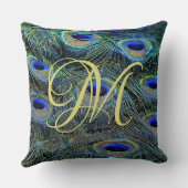Elegant Gouden Monogram Kleurrijke Pauwveren Kussen (Achterkant)
