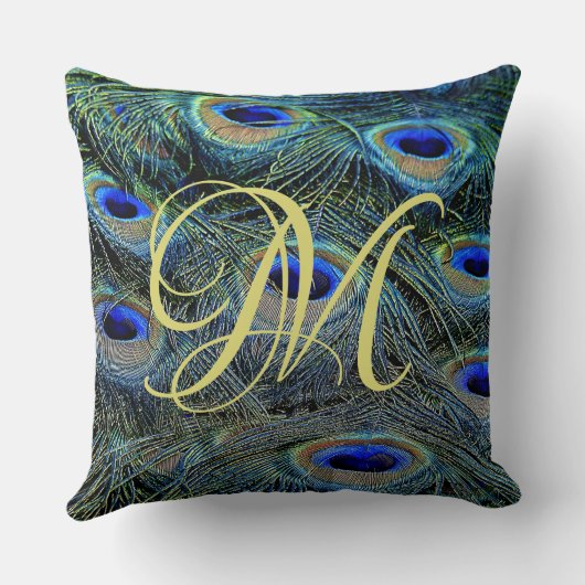 Elegant Gouden Monogram Kleurrijke Pauwveren Kussen (Achterkant)