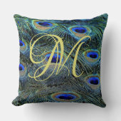 Elegant Gouden Monogram Kleurrijke Pauwveren Kussen (Voorkant)