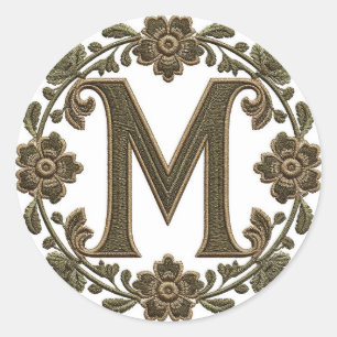Elegant Gouden Monogram M Geborduurd Ronde Sticker