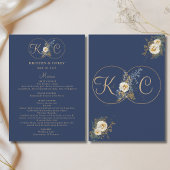Elegant gouden monogram marine blauwe bruiloft menu