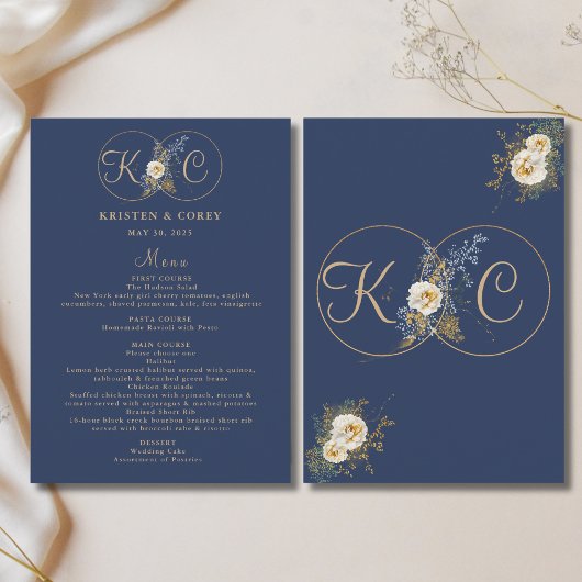 Elegant gouden monogram marine blauwe bruiloft menu