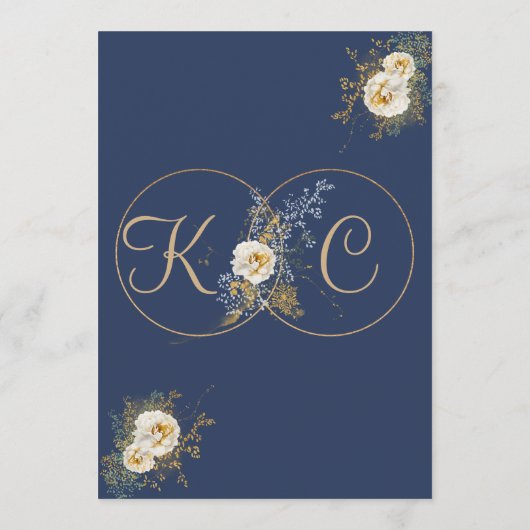 Elegant gouden monogram marine blauwe bruiloft menu (Achterkant)