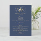 Elegant gouden monogram marine blauwe bruiloft menu (Staand voorkant)
