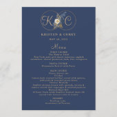 Elegant gouden monogram marine blauwe bruiloft menu (Voorkant)