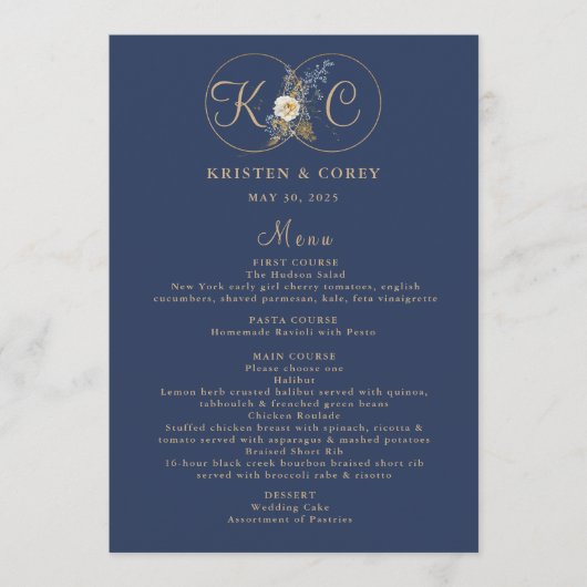 Elegant gouden monogram marine blauwe bruiloft menu (Voorkant)