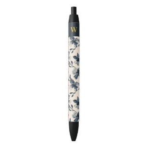 Elegant Gouden Monogram Navy Blauwe Bloempatroon Zwarte Inkt Pen
