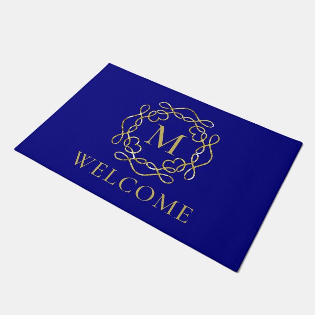 Elegant gouden monogram Navy Blue Welkom Deurmat (Schuin)