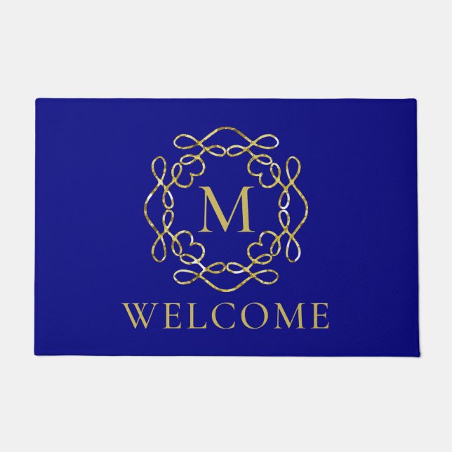 Elegant gouden monogram Navy Blue Welkom Deurmat (Voorkant)